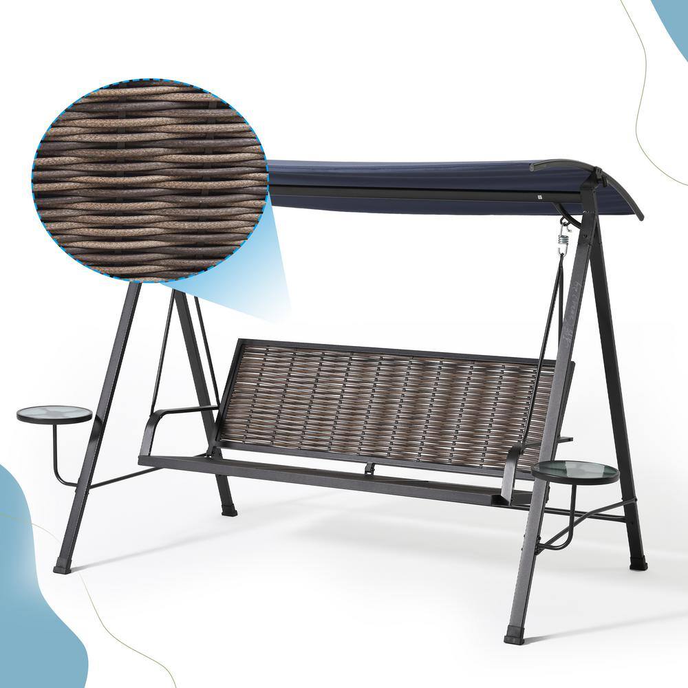 Gray Steel 3-Person Patio Swing with Blue Cushions and Canopy