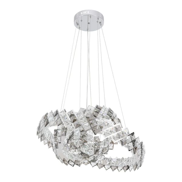 OUKANING 3-Light Silver Modern 3-Ring Integrated LED Pendant Light with Clear Crystal Shade and Remote