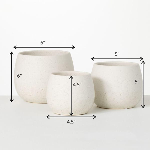 6 in., 5 in. & 4.5 in. White Two-Tone Speckled Round Ceramic Planters (Set  of 3)