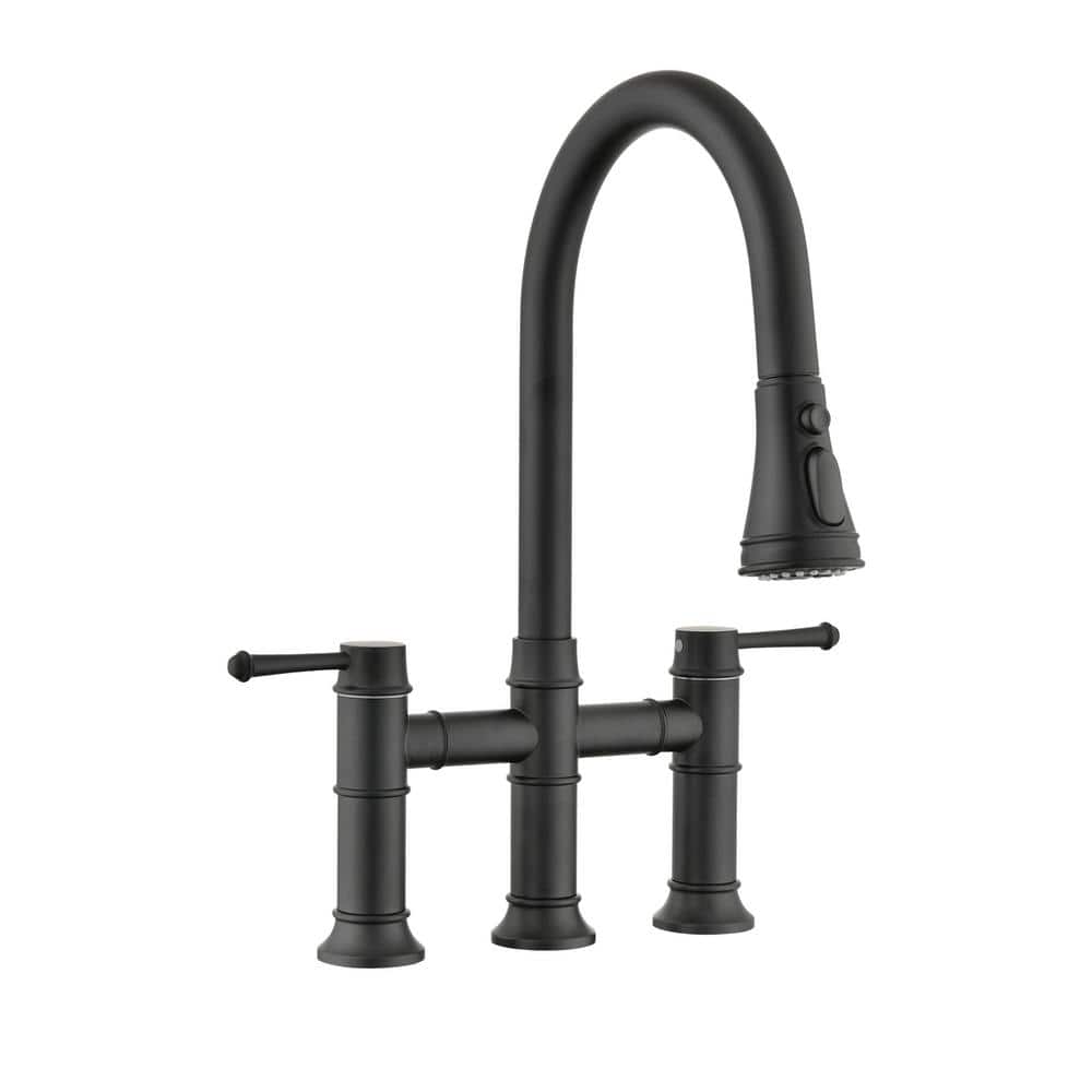 Double Handle Bridge Kitchen Faucet with Pull-Down Spray Head, Deck Mount 3