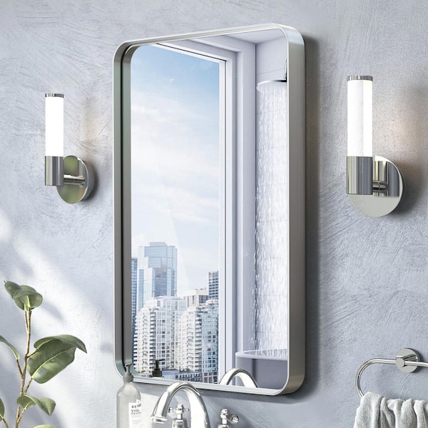 WELLFOR 26 in. W x 34 in. H Rectangle Aluminum Alloy Framed Wall Bathroom Vanity Mirror in Silver