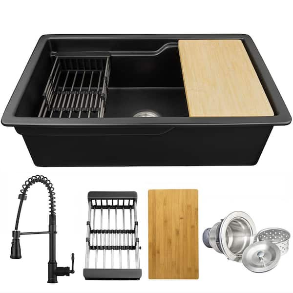 32 in. Undermount Single Bowl Black Fireclay Workstation Kitchen Sink with Faucets and Basket Strainer