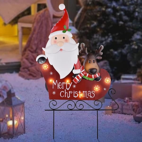 OGETFUUR 17.7 x 28.34 in. Santa Claus and Reindeer Metal Solar