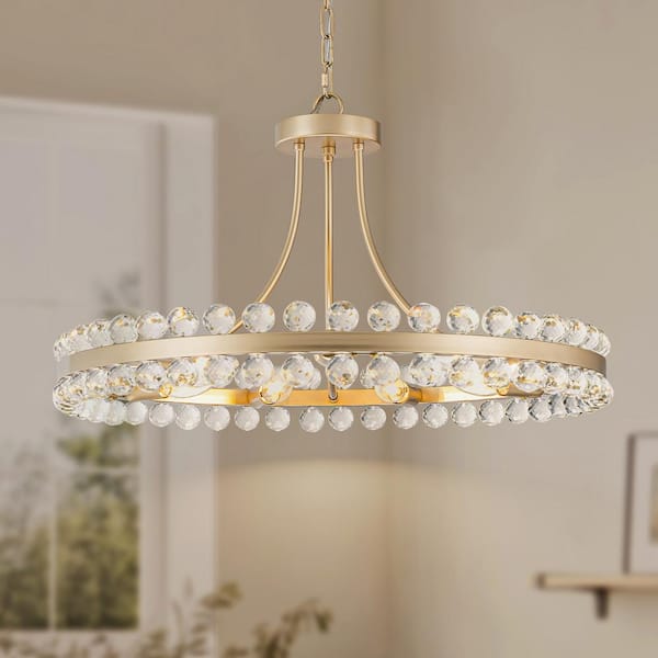 9-Lights Gold Crystal Beaded Wagon Wheel Chandelier Modern Gold 23.62 in. Crystal Semi-Flush Mount Ceiling Light