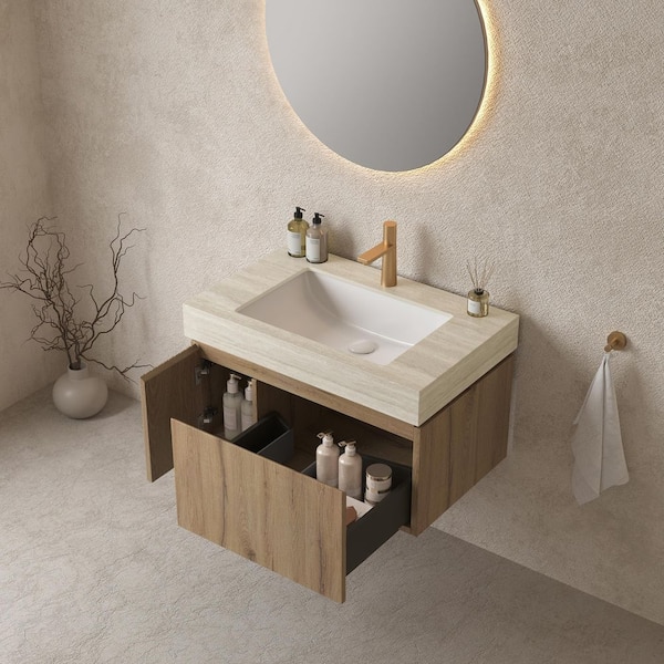 30 in. Floating White Oak Woodgrain Bath Vanity with Sintered Stone Top, Pre-Assembled
