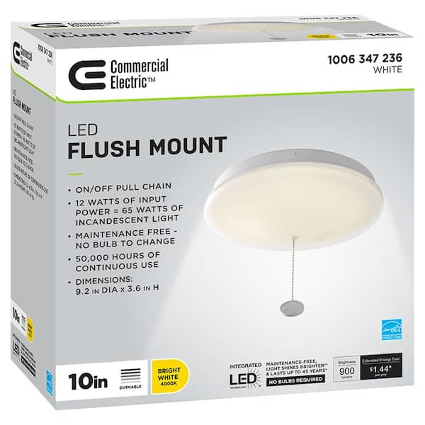 Commercial Electric 10 in. White Closet Light with Pull Chain LED Mount Ceiling Light 900 4000K Bright White 564221410 The Home Depot