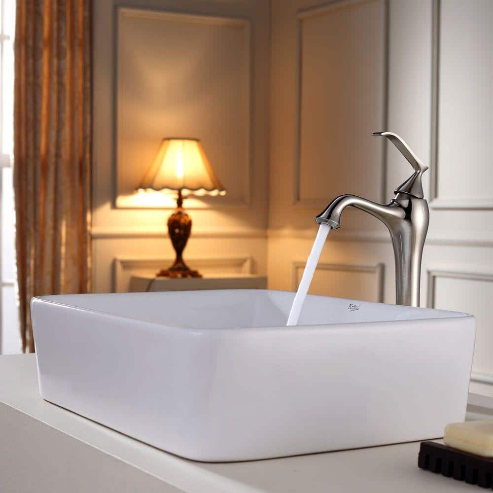 White Ceramic Rectangular Vessel Bathroom Sink
