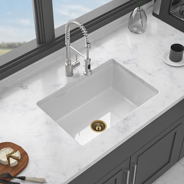 27 in. Undermount Single Bowl White Fireclay Kitchen Sink with Bottom Grids