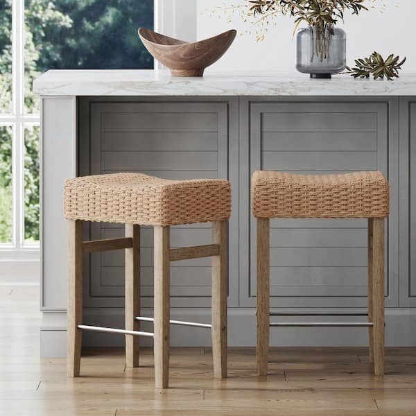 Harvey 25 in. Seagrass/Brushed Gray Backless Solid Wood Bar Stool with Foam Padded Seat, Set of 2