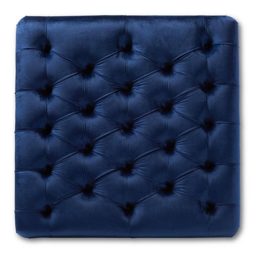 Keswick 36" Blue Velvet Tufted Ottoman with Eucalyptus Wood Base