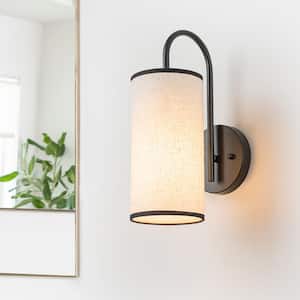 13 in. 1-Light Farmhouse Matte Black Wall Sconce with Beige Linen Shade