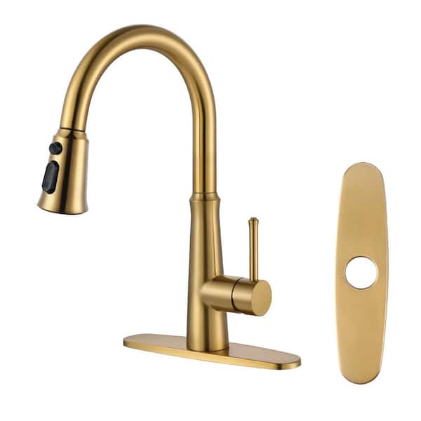 15.4 in. Single Handle Pull Down Sprayer Kitchen Faucet, Kitchen Faucet with 360° Swivel Spoute, Brushed Gold