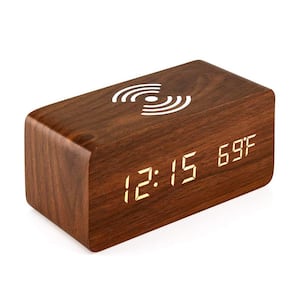 Brown LED Digital Alarm Clock with Qi Wireless Charging, Sound Control, Date, Temperature Display, Table Clock
