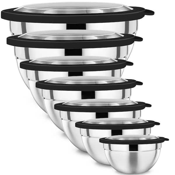 7-Piece Stainless Steel Black Mixing Bowl Set with Airtight See-Through Lids and Nesting Stackable Design