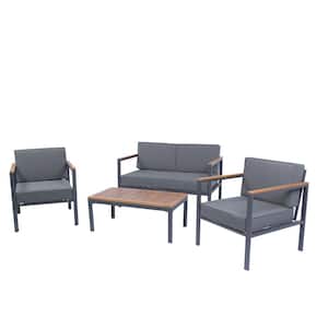 4-Piece Metal Frame Outdoor Patio Conversation Set with Acacia Wood Top and Dark Gray Cushions