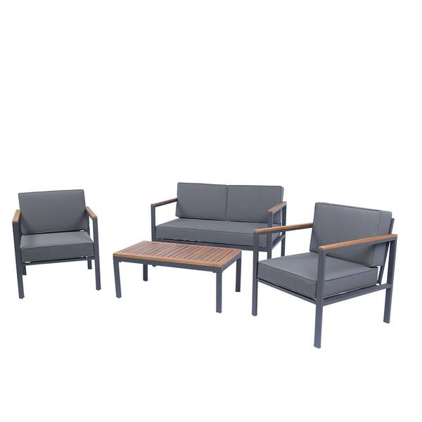 Nestfair 4-Piece Metal Frame Outdoor Patio Conversation Set with Acacia Wood Top and Dark Gray Cushions