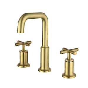 Brass 8 in. Widespread Double Handle Bathroom Faucet with Water Supply Hoses and Quick Connected Hose in Brushed Gold