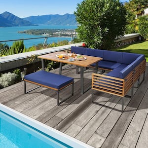 8-Piece Patio Dining Set Acacia Wood L Shaped Sectional Sofa Outdoor Dining Set with Navy Cushions