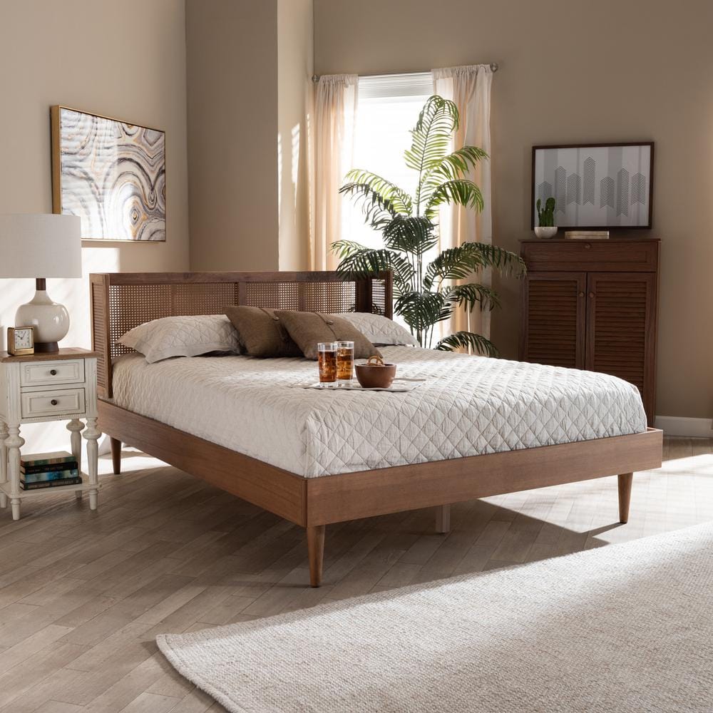 Mid-Century Walnut Queen Platform Bed with Synthetic Rattan Headboard