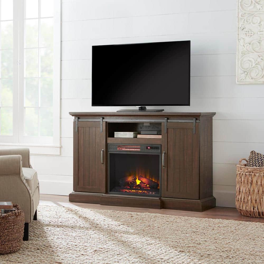 Home Decorators Collection Chastain 56 in. Freestanding Media Console Electric Fireplace TV Stand with Sliding Barn Door in Rustic Walnut 118090 The Home Depot