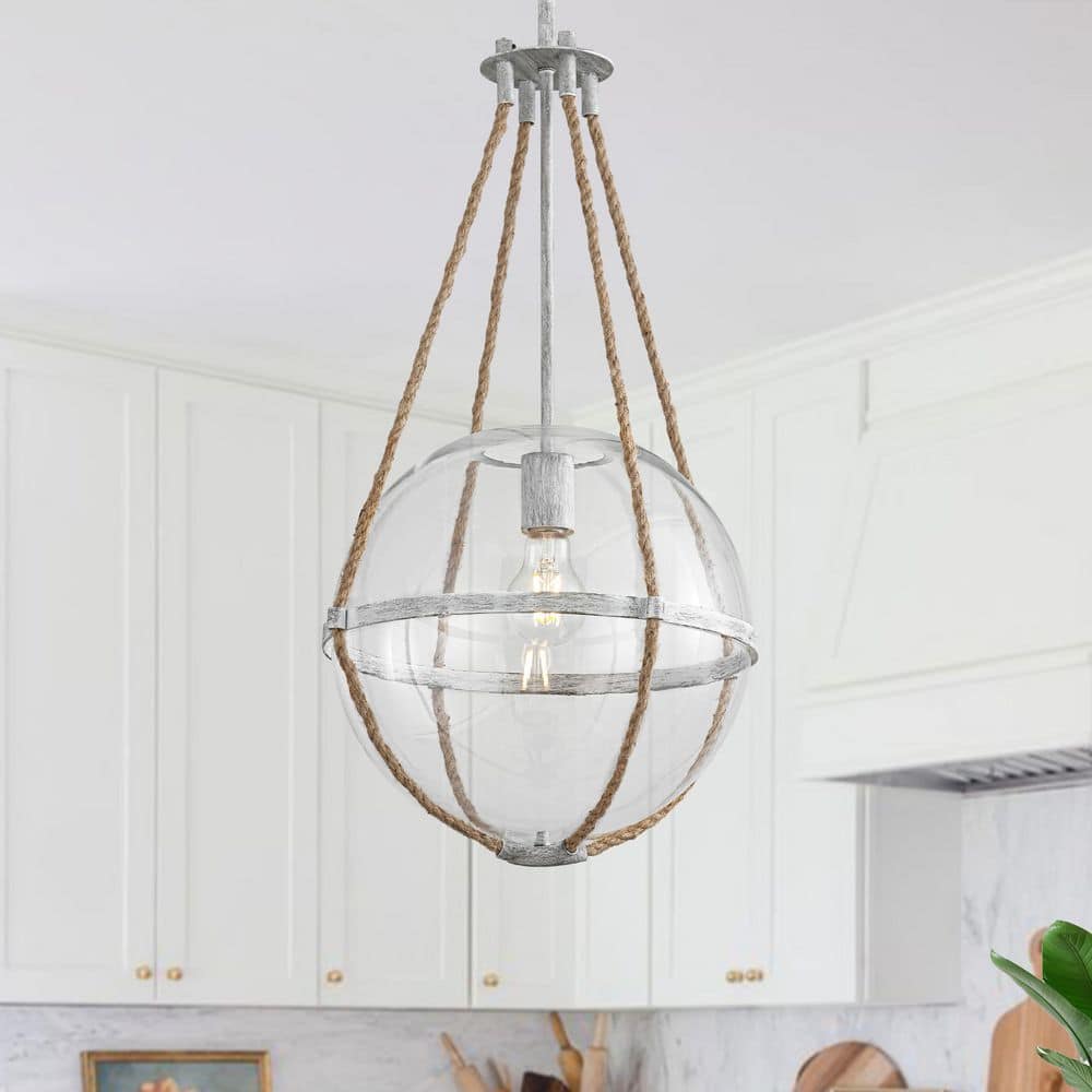 Orbis 1-Light 12.6 in.W Off - White Gray Pendant Light Convertible Semi-Flush Mount with Hemp Rope and Globe Clear Glass price history on PriceWatchPro