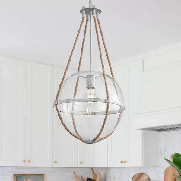 Orbis 1-Light 12.6 in.W Off - White Gray Pendant Light Convertible Semi-Flush Mount with Hemp Rope and Globe Clear Glass