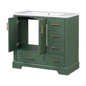 36 in. W Single Sink Freestanding Bath Vanity in Green with White Solid Surface Top, 2 Doors and 4 Drawers