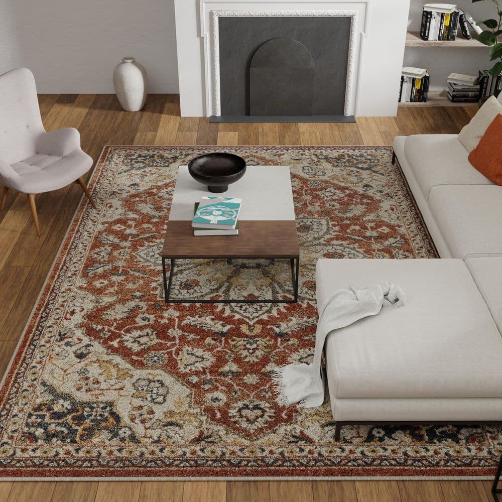 Red and Beige 4' x 6' Synthetic Oriental Area Rug