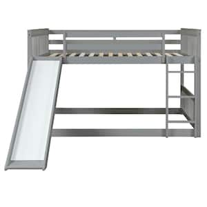 Gray Full over Full Bunk Bed Frame Pine Wood Bed Frame with Slide, Safety Guardrails and Ladder For Boys and Girls