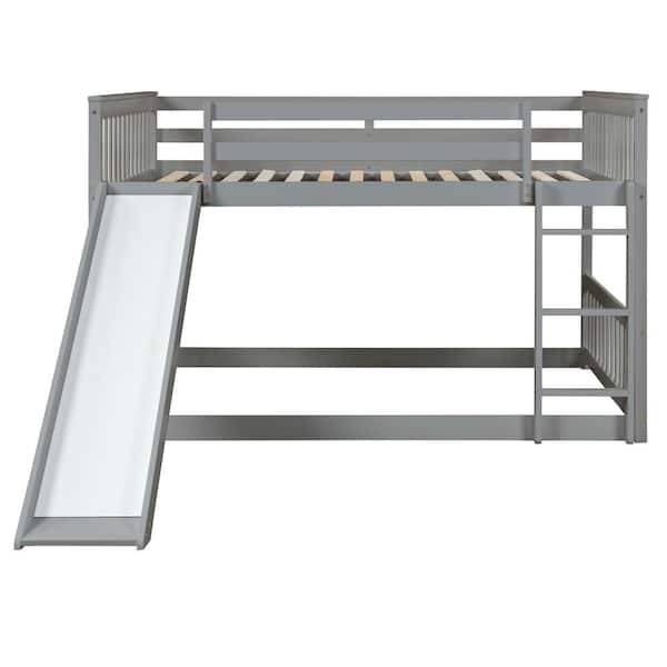 URTR Gray Full over Full Bunk Bed Frame Pine Wood Bed Frame with Slide, Safety Guardrails and Ladder For Boys and Girls