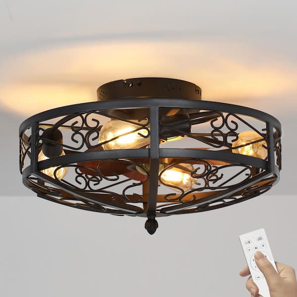 19.6 in. Indoor Black 4-Light Wood Modern Industrial Metal Flush Mount Cage Ceiling Fan with Light Fixture with Remote