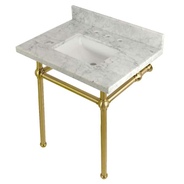 Templeton 30 in. x 22 in. Console Sink in White/Brushed Carrara Marble Brass with Brass Legs