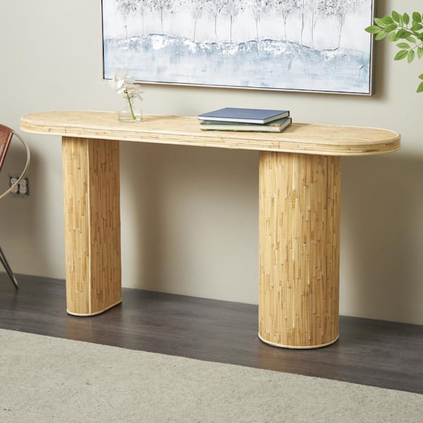Litton Lane 64 in. Brown Oval Rattan Wood Handmade Console Table with Linear Strip Design