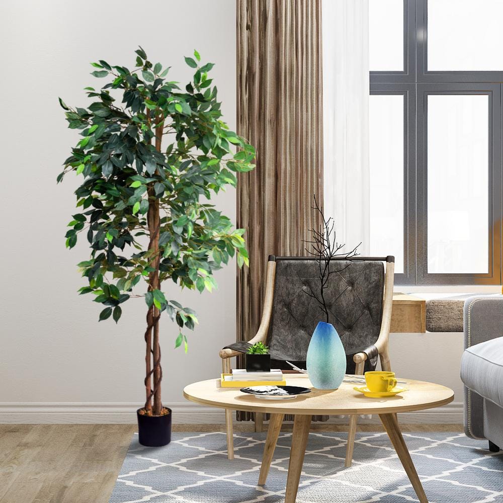 72" Tall Artificial Ficus Silk Tree in Black Pot