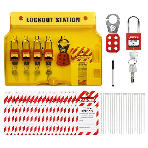 Lockout Tagout Station Kit Wall Mount with 5 Safety Padlocks 2 Hasps 20 Tags 20 Nylon Ties Mark Pen OSHA
