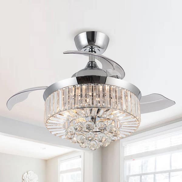 Parrot Uncle Broxburne 36 in. Modern Chrome Retractable 3-Blade Crystal Ceiling Fan with Light Kit and Remote Control