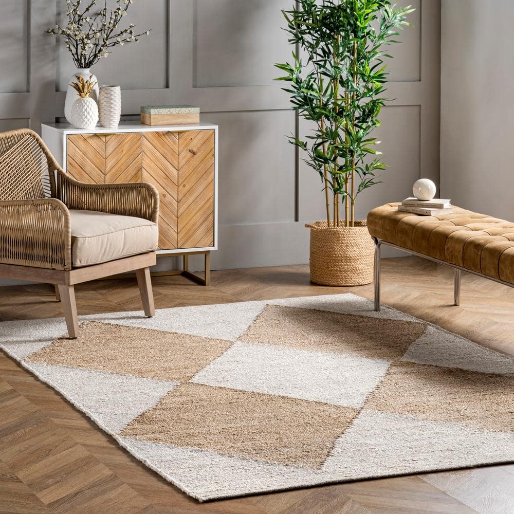 Ivory and Beige Cotton Jute Runner Rug, 2' x 8'