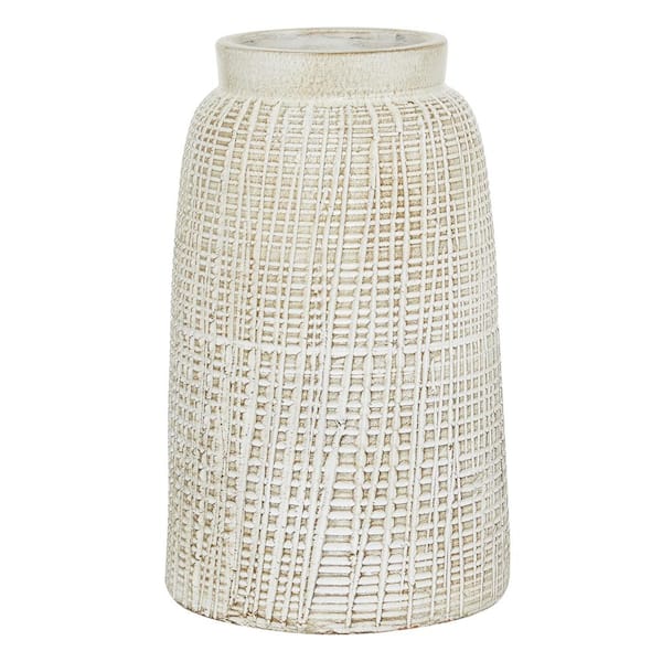 Litton Lane White Carved Ceramic Decorative Vase with Cross Hatching Design