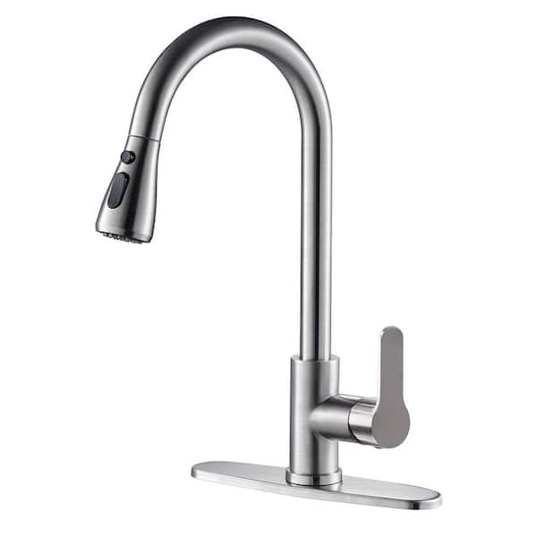 Zalerock Pause Mode Single Handle Pull Down Sprayer Kitchen Faucet with Deck Plate Included in Brushed Nickel