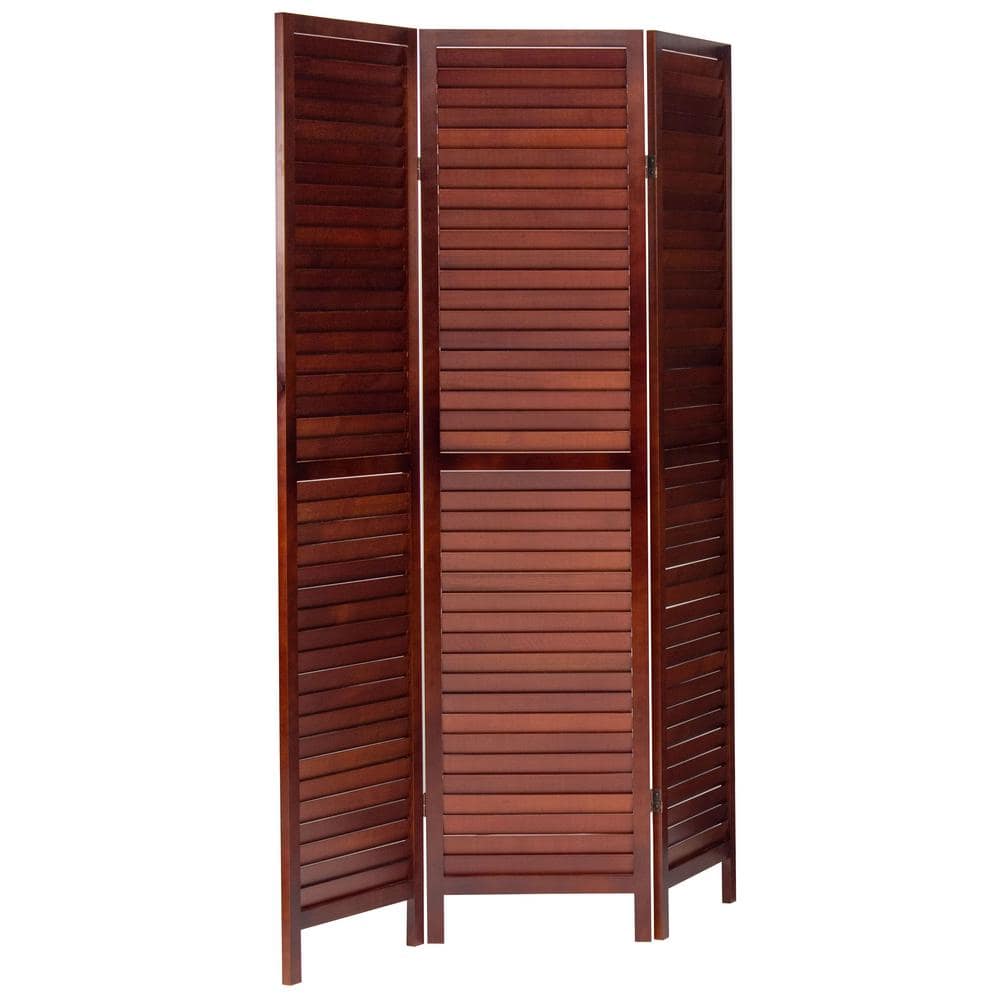 Walnut 6 ft Tall Wooden Louvered 3-Panel Folding Room Divider