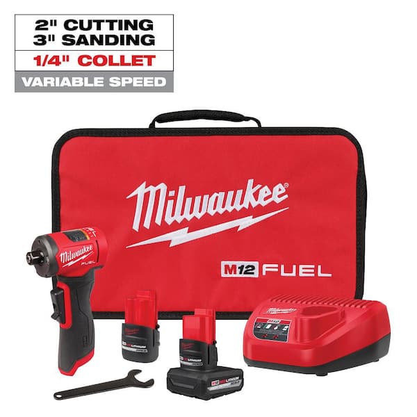 M12 FUEL 12V Lithium-Ion Brushless Cordless 1/4 in. Right Angle Die Grinder Kit w/ 5.0 Ah & 2.5 Ah Batteries