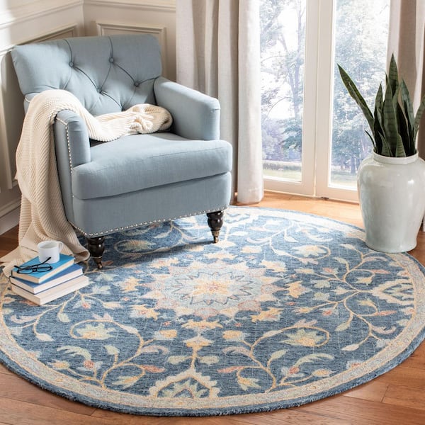 Blossom 6 ft. x 6 ft. Navy/Multi Ornate Floral Border Round Area Rug