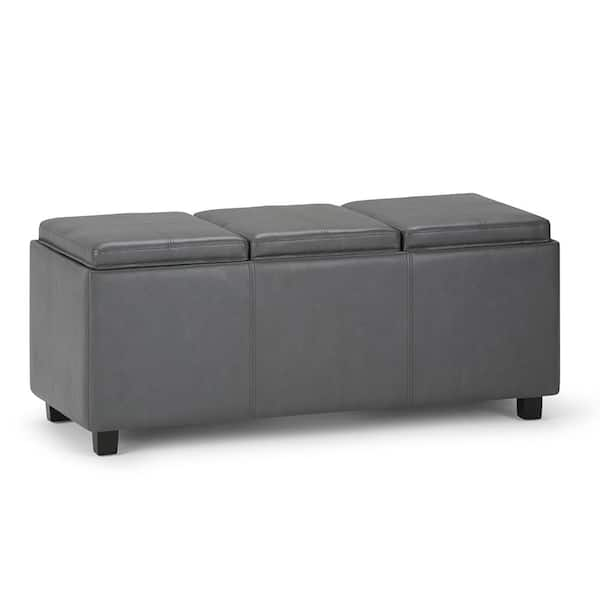 Simpli Home Avalon 42 in. Wide Contemporary Rectangle Storage Ottoman in Stone Grey Vegan Faux Leather