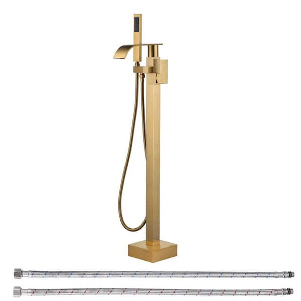 Modern Brass Single-Handle Waterfall Freestanding Floor Mount Tub Faucet with Handheld Showerhead in Brushed Gold