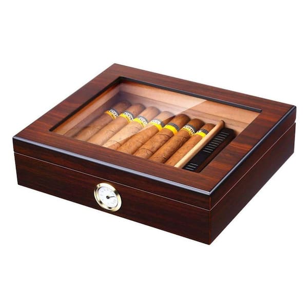10.2 in. W x 8.7 in. H Handmade Cigar Humidor with Humidifier, Hygrometer, Glass Top and Velvet Pad for 20-25 Cigars