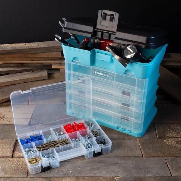 Premium Photo  Blue box with small construction objects many storage  compartments are filled with construction supplies containing screws nuts bolts  nails and other workshop tools