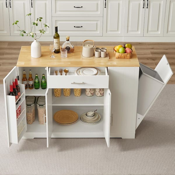 White Particle Board Wood 53 in. Kitchen Island with Trash Can Storage, 2 Drawers and Spice Rack, Cart for Kitchen