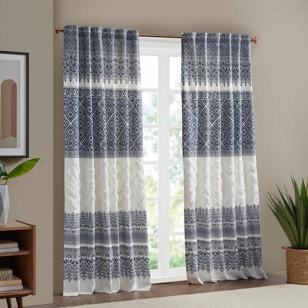 INK+IVY Mila Navy 50 in.W x 84 in.L Cotton Printed Window Panel with Chenille Detail and Lining