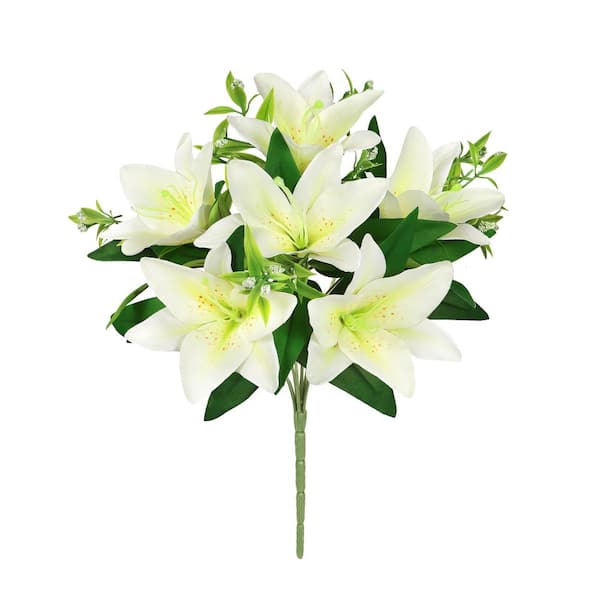 LIVING LUXURY 13 in. Cream White Artificial Stargazer Lily Flower Stem Bush Bouquet (Set of 4)
