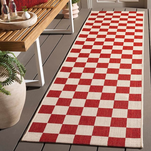 Courtyard 2 ft. x 8 ft. Red/Beige Checkered Indoor/Outdoor Runner Rug